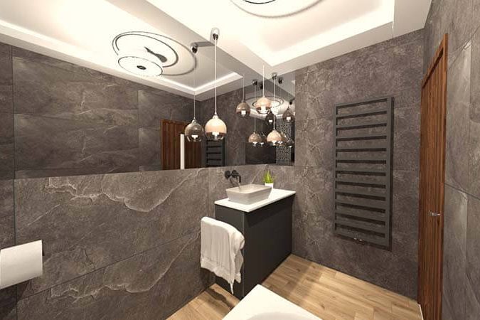 ciemnoszare kafle w łazience z lustrem nowoczesna łazienka z lustrem